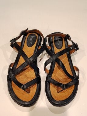 b.o.c. Black Strappy Leather Sandals with Tan Footbed